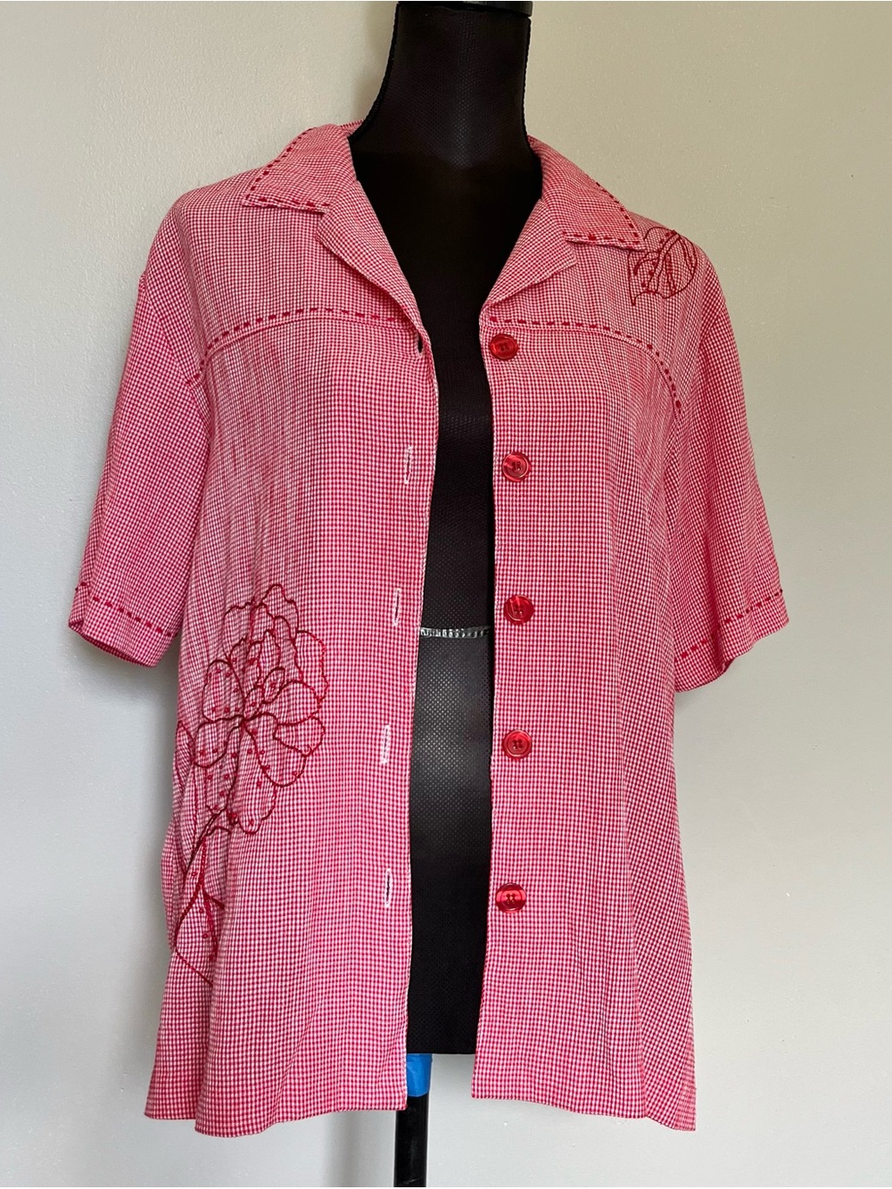 Red and white gingham floral embroidered button up shirt